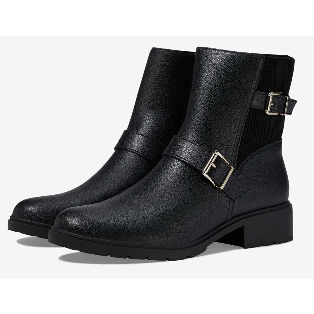 Anne Klein Boots Size 10.5 Black Block‎ Heel Almond Toe Buckle Detail NEW